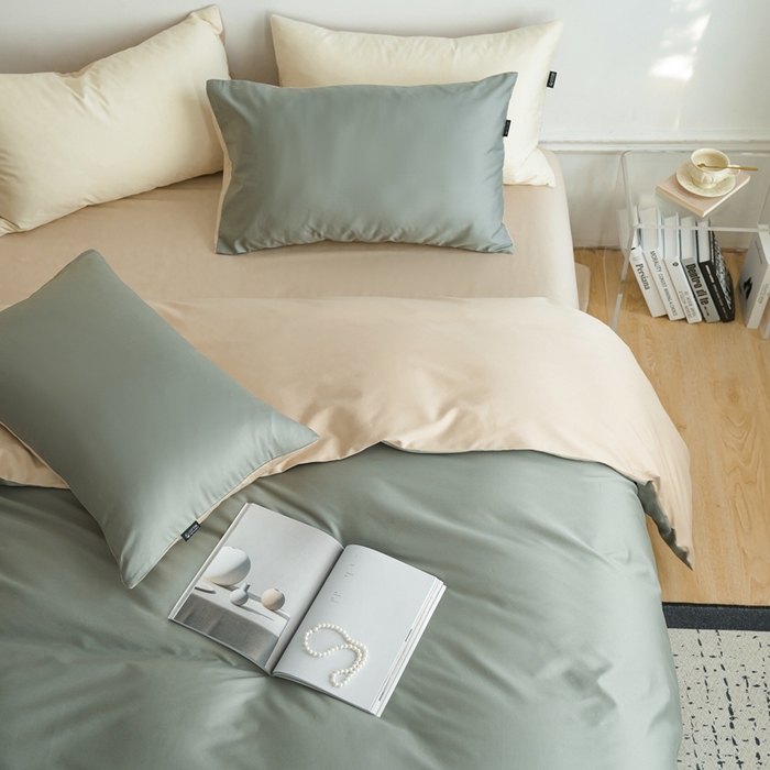 91家纺网 家纺一手货源 找家纺 安莱生活 2024新款100s长绒棉贡缎双拼四件套 水绿-棕灰
