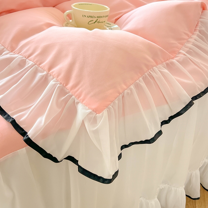 91家纺网 家纺一手货源 找家纺 唐人居 2025新款水洗棉麻亲肤蕾丝花边四件套 小确幸-浅粉