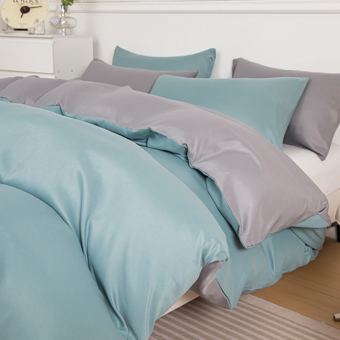 91家纺网 家纺一手货源 找家纺 莎臣豹 2025新款水洗棉磨毛纯色双拼简约风撞色四件套 豆绿爱上浅灰