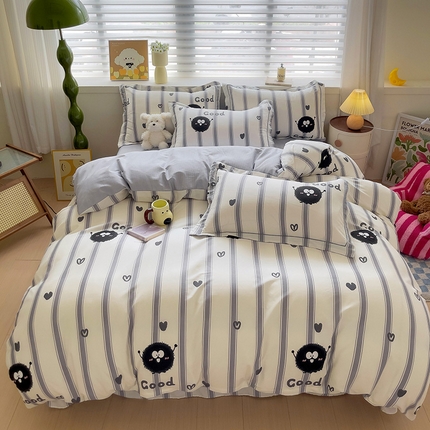 91家纺网 家纺一手货源 找家纺 乐童家纺 2024新款直播爆款13070纯棉印花吊边款一字绣四件套第四波 黑影萌宠