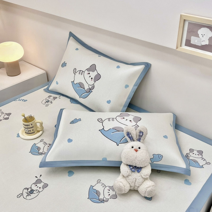 91家纺网 家纺一手货源 找家纺 全季家居 2024新款5A抗菌小清新数码印花冰藤席 贪吃小猫（床席款）