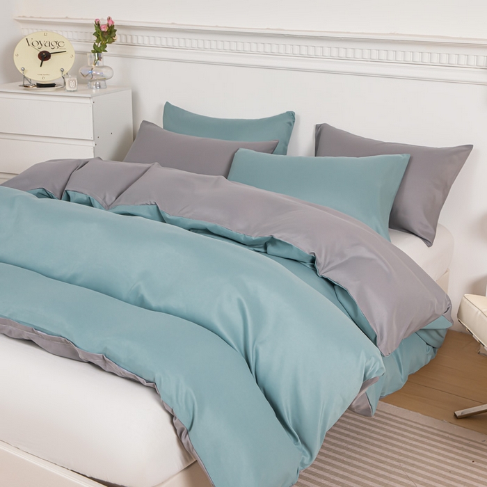 91家纺网 家纺一手货源 找家纺 莎臣豹 2025新款水洗棉磨毛纯色双拼简约风撞色四件套 豆绿爱上浅灰