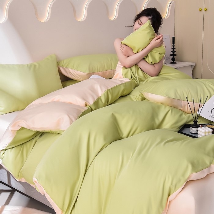 91家纺网 家纺一手货源 找家纺 简爱家纺 2025新款水洗真丝四件套 仙草绿+暖杏色