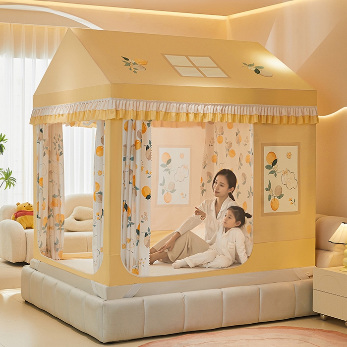 91家纺网 家纺一手货源 找家纺 迪凡保罗 2025新款城堡遮光防摔坐床蚊帐 清新柠檬