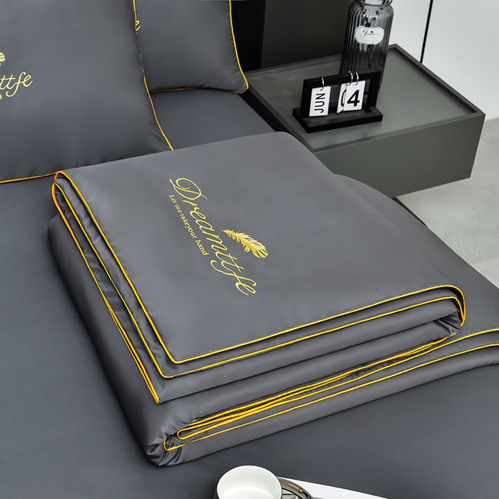 91家纺网 家纺一手货源 找家纺 益多眠 2024爆款水洗真丝夏被四件套冰丝夏被轻奢夏被空调被羽毛夏被四件套绣花夏被 羽毛---高级灰