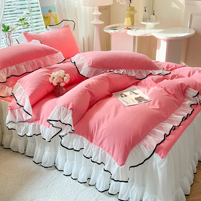 91家纺网 家纺一手货源 找家纺 唐人居 2025新款水洗棉麻亲肤蕾丝花边四件套 小确幸-红玉