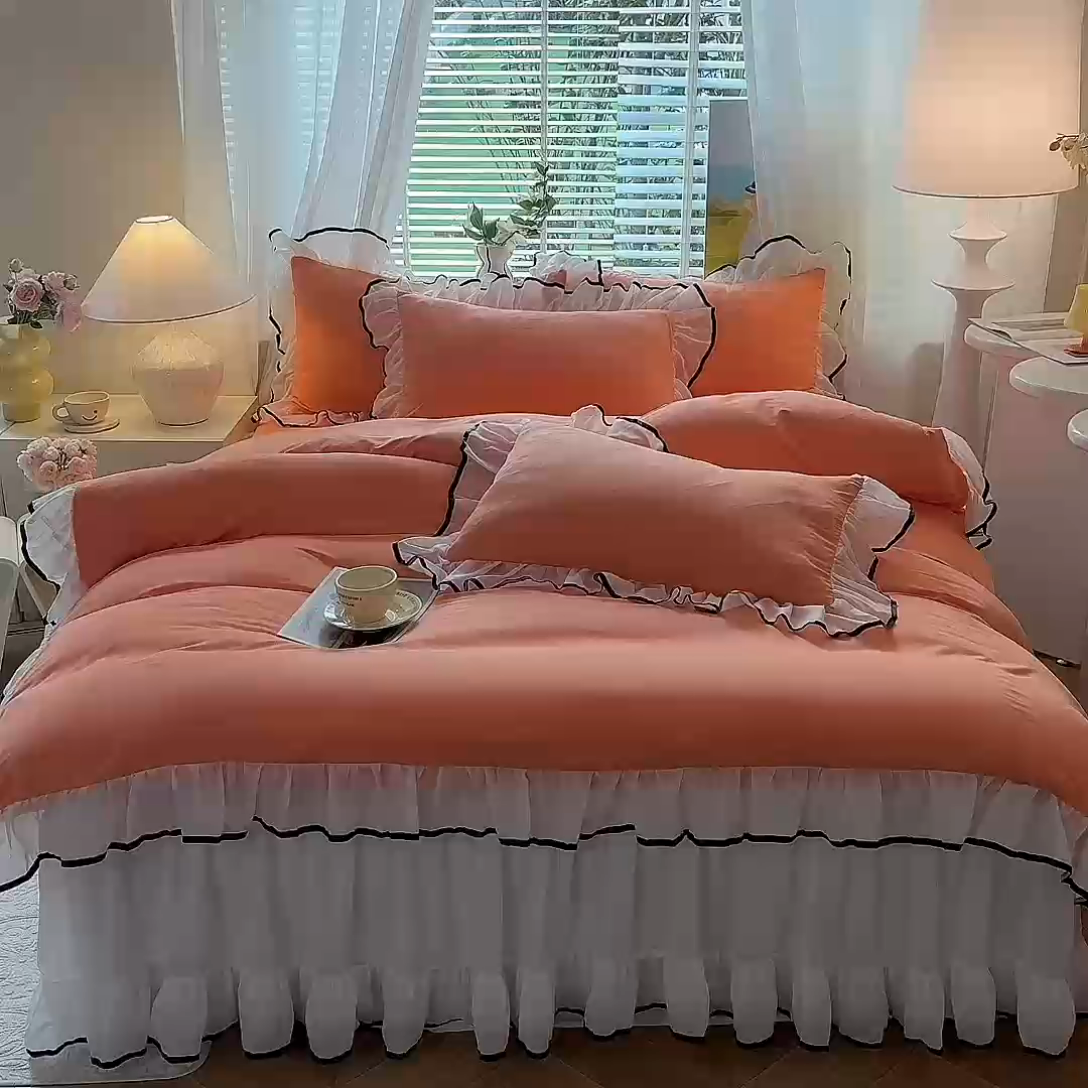 91家纺网 家纺一手货源 找家纺 唐人居 2025新款水洗棉麻亲肤蕾丝花边四件套 小确幸-橘橙