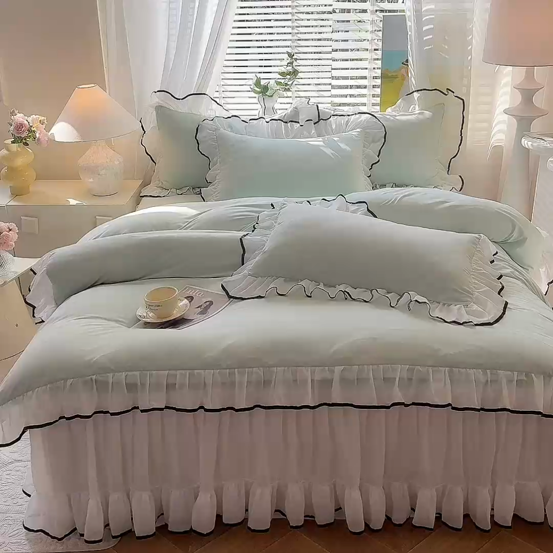 91家纺网 家纺一手货源 找家纺 唐人居 2025新款水洗棉麻亲肤蕾丝花边四件套 小确幸-水绿