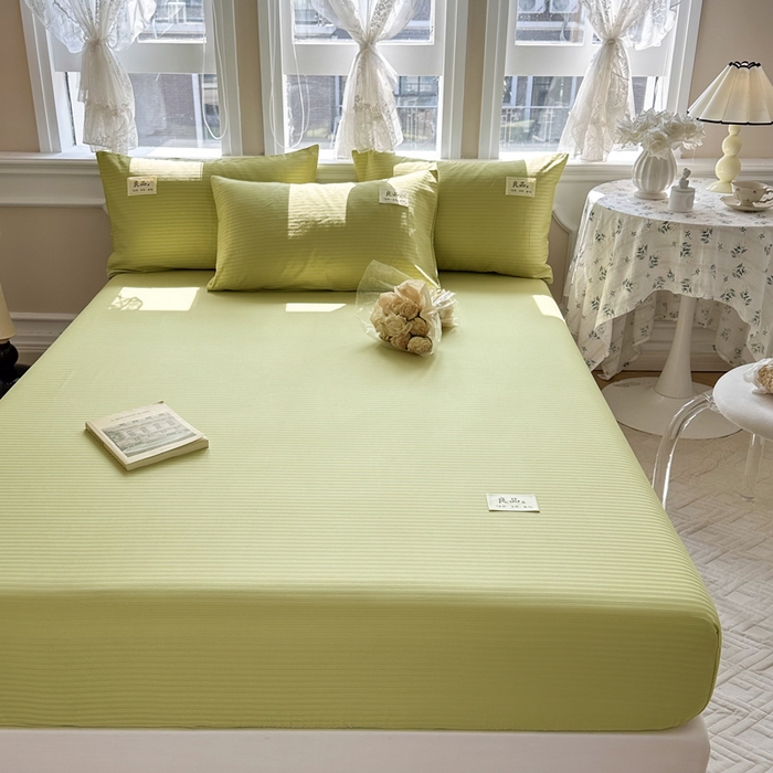 91家纺网 家纺一手货源 找家纺 眠博士 2024新款A类轻奢时尚全棉60贡缎提花床笠 床笠-提花豆绿