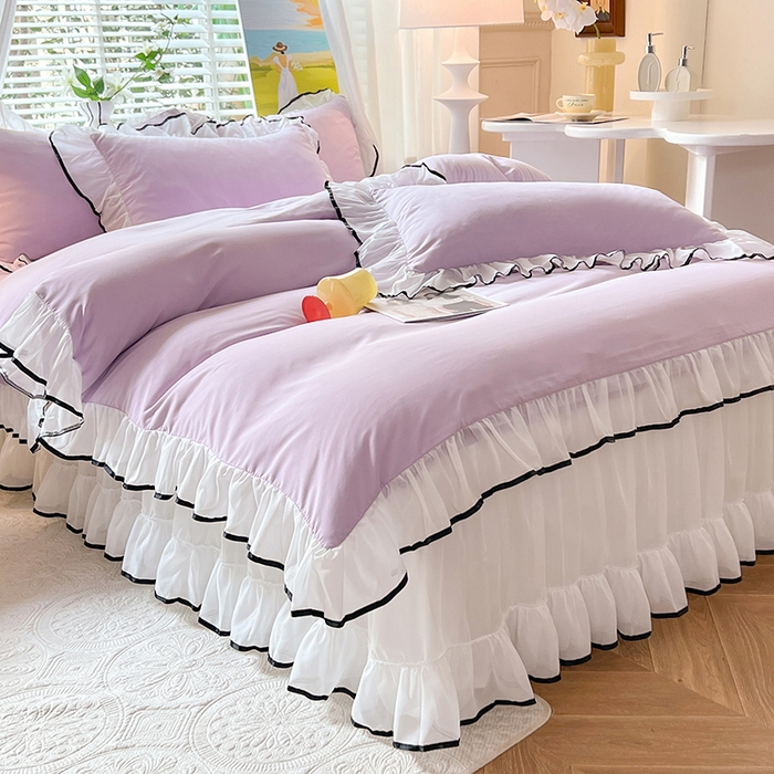 91家纺网 家纺一手货源 找家纺 唐人居 2025新款水洗棉麻亲肤蕾丝花边四件套 小确幸-浅紫