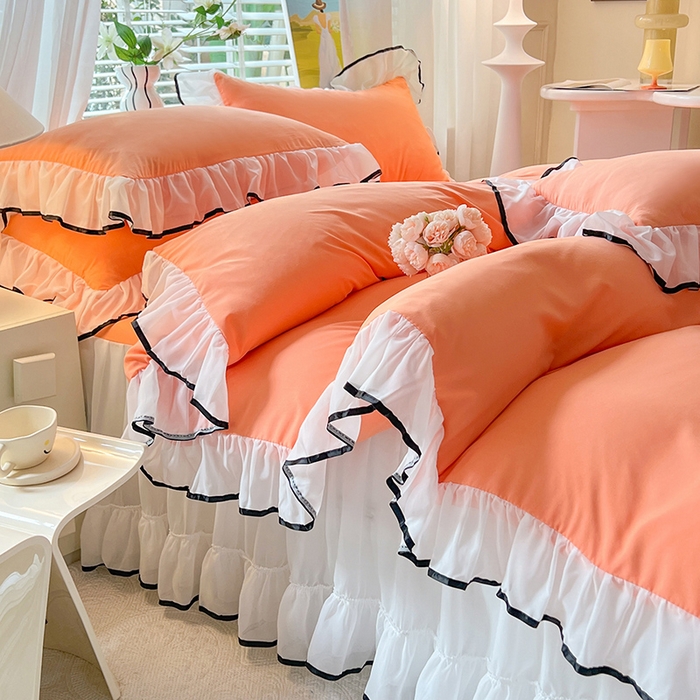 91家纺网 家纺一手货源 找家纺 唐人居 2025新款水洗棉麻亲肤蕾丝花边四件套 小确幸-橘橙