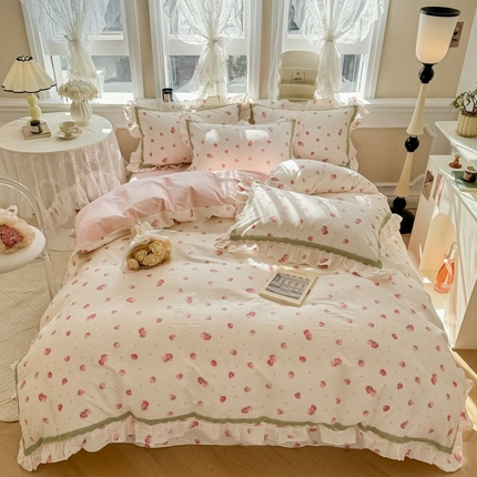 眠屿家纺 2024新款全棉40支13372花边四件套 草莓甜心