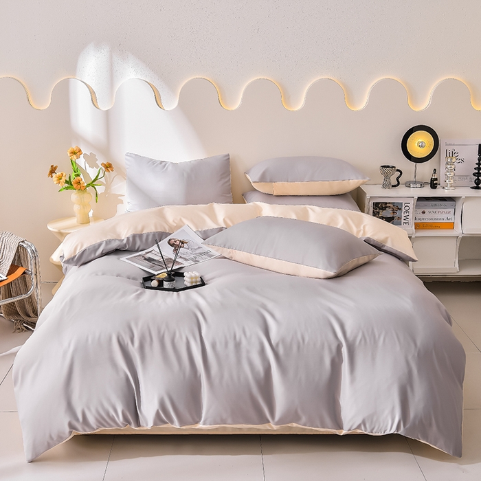 91家纺网 家纺一手货源 找家纺 简爱家纺 2025新款水洗真丝四件套 雅致灰+暖杏色