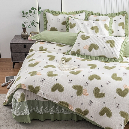浩浩家纺 2024新款软糯印花泡泡棉蕾丝床盖四件套 被套款 爱心绿