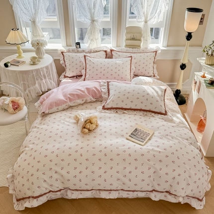 91家纺网 家纺一手货源 找家纺 眠屿家纺 2024新款全棉40支13372花边四件套 恋恋果语