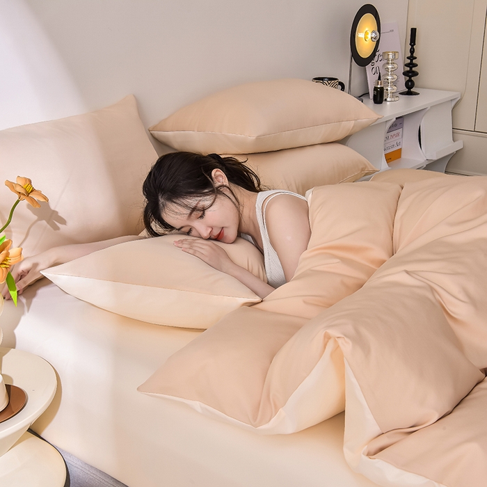 91家纺网 家纺一手货源 找家纺 简爱家纺 2025新款水洗真丝四件套 奶茶咖+暖杏色