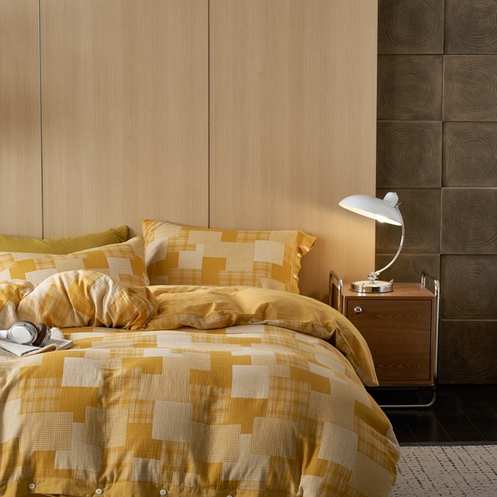 91家纺网 家纺一手货源 找家纺 安莱生活 2024年新品双层纱拼布田园纽扣款四件套 拼布田园纽扣款-姜黄