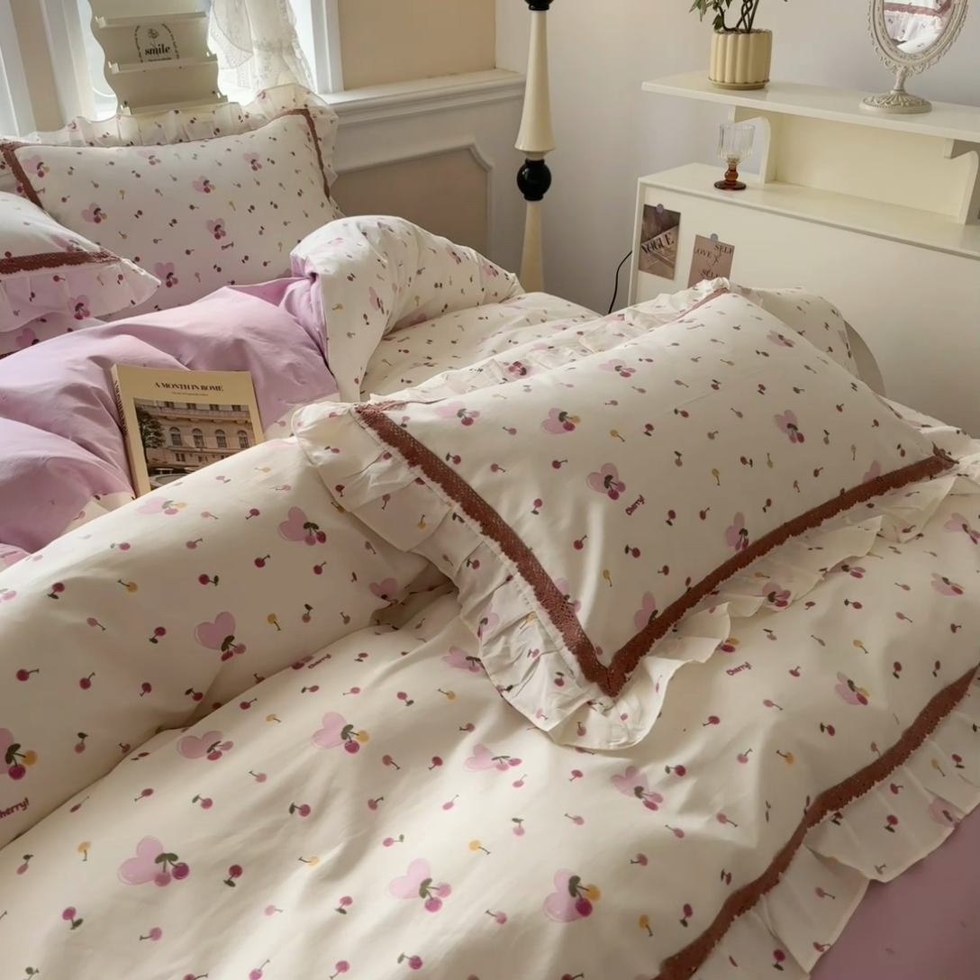 91家纺网 家纺一手货源 找家纺 眠屿家纺 2024新款全棉40支13372花边四件套 樱果爱心