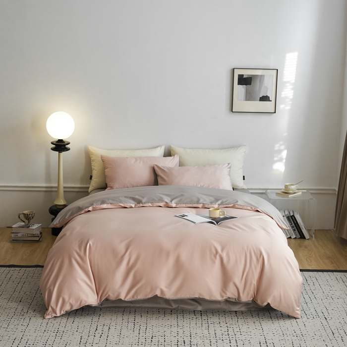 91家纺网 家纺一手货源 找家纺 安莱生活 2024新款100s长绒棉贡缎双拼四件套 虾粉-银灰