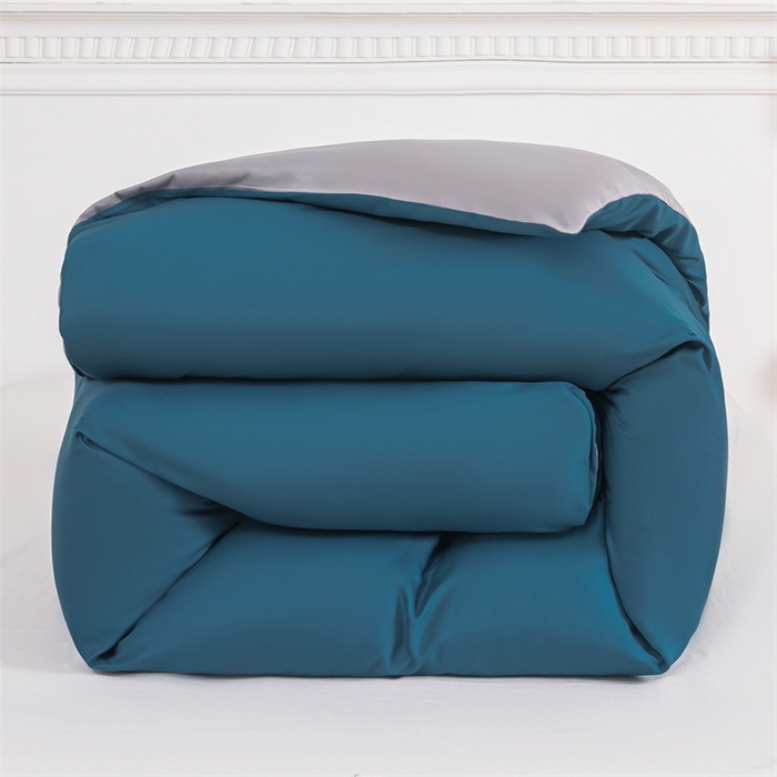 91家纺网 家纺一手货源 找家纺 莎臣豹 2025新款水洗棉磨毛纯色双拼简约风撞色四件套 宝蓝爱上浅灰