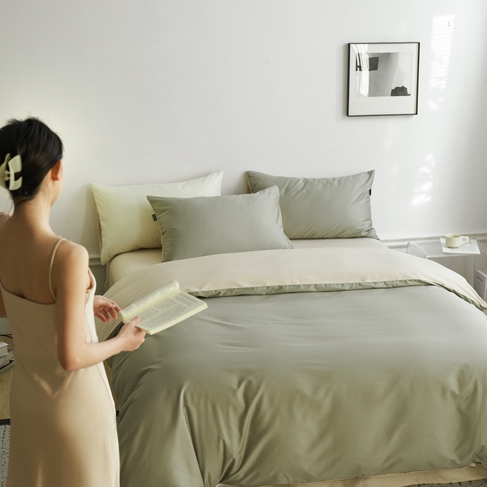 91家纺网 家纺一手货源 找家纺 安莱生活 2024新款100s长绒棉贡缎双拼四件套 木果-棕灰