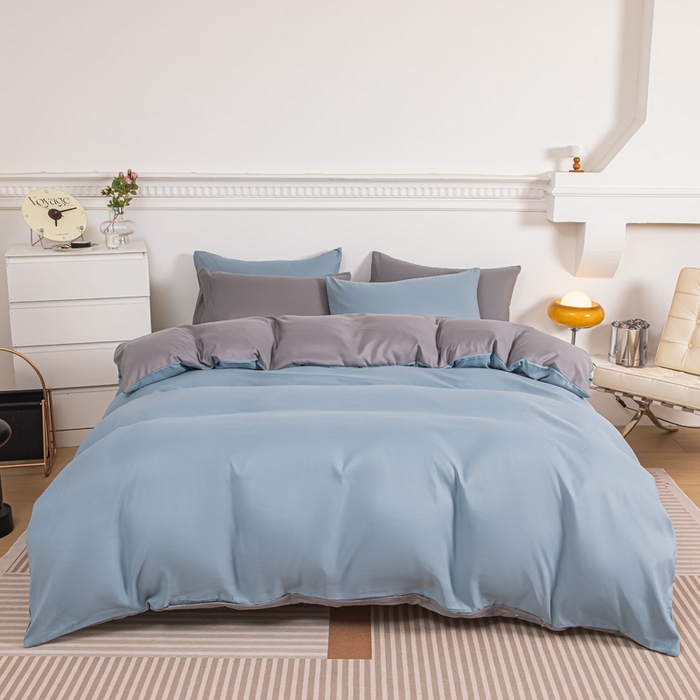 91家纺网 家纺一手货源 找家纺 莎臣豹 2025新款水洗棉磨毛纯色双拼简约风撞色四件套 雾霾蓝爱上浅灰