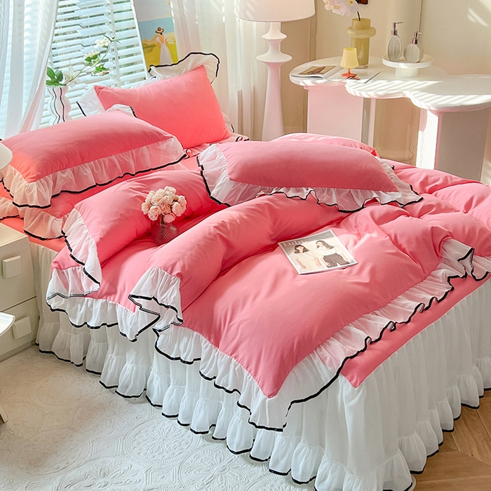 91家纺网 家纺一手货源 找家纺 唐人居 2025新款水洗棉麻亲肤蕾丝花边四件套 小确幸-红玉