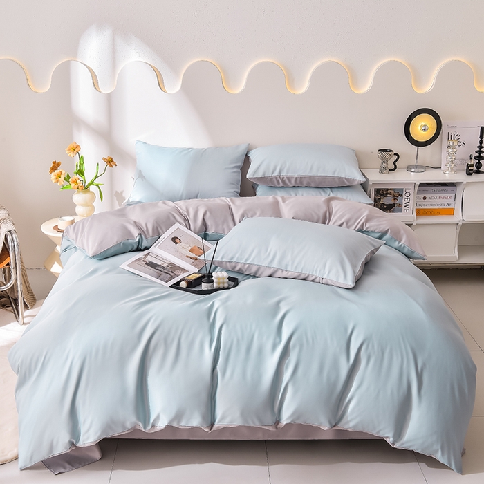 91家纺网 家纺一手货源 找家纺 简爱家纺 2025新款水洗真丝四件套 风铃蓝+雅致灰