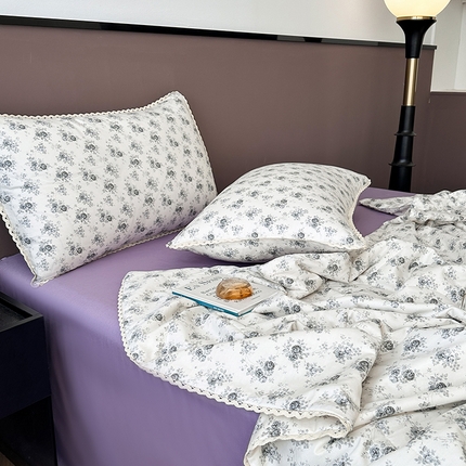 青螺家纺 2024喷汽133全棉小花边大豆夏凉被四件套卡通清新小碎花纯棉空调被  青筱 