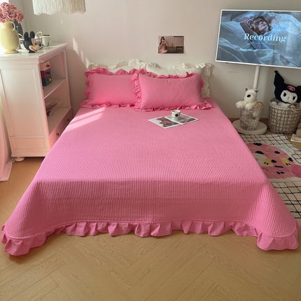十里居 2024新款水洗棉纯色韩版花边夹棉床盖三件套 玫粉