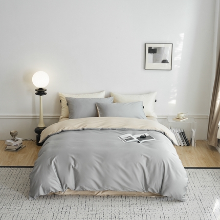 91家纺网 家纺一手货源 找家纺 安莱生活 2024新款100s长绒棉贡缎双拼四件套 红灰-棕灰