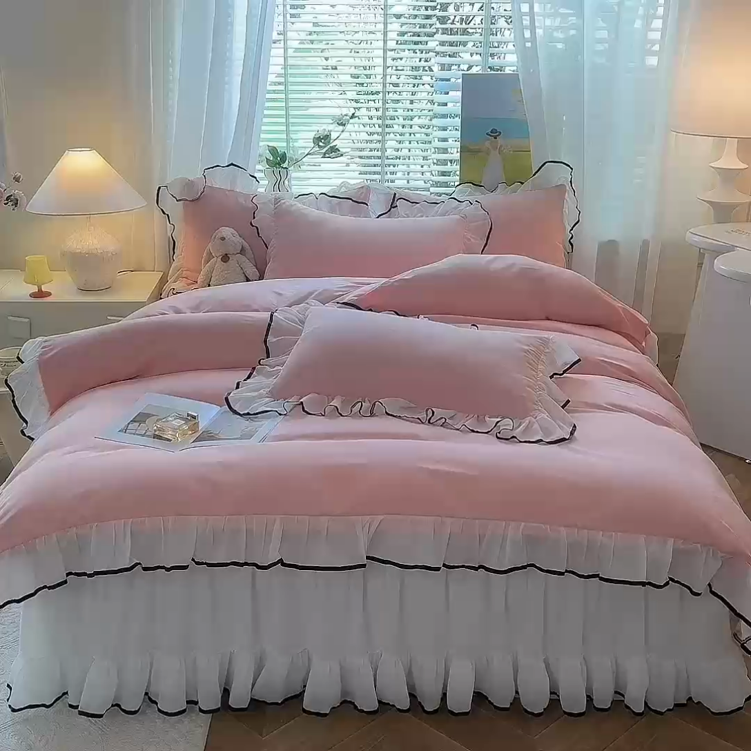 91家纺网 家纺一手货源 找家纺 唐人居 2025新款水洗棉麻亲肤蕾丝花边四件套 小确幸-浅粉