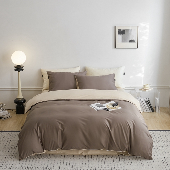 91家纺网 家纺一手货源 找家纺 安莱生活 2024新款100s长绒棉贡缎双拼四件套 咖啡-棕灰
