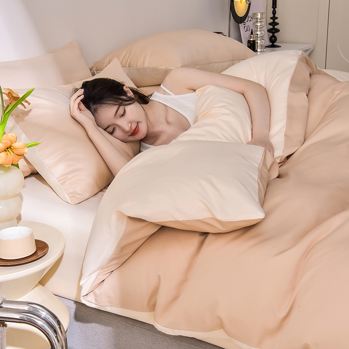 91家纺网 家纺一手货源 找家纺 简爱家纺 2025新款水洗真丝四件套 奶茶咖+暖杏色