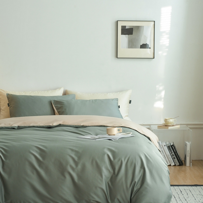 91家纺网 家纺一手货源 找家纺 安莱生活 2024新款100s长绒棉贡缎双拼四件套 水绿-棕灰