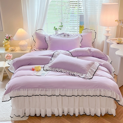91家纺网 家纺一手货源 找家纺 唐人居 2025新款水洗棉麻亲肤蕾丝花边四件套 小确幸-浅紫
