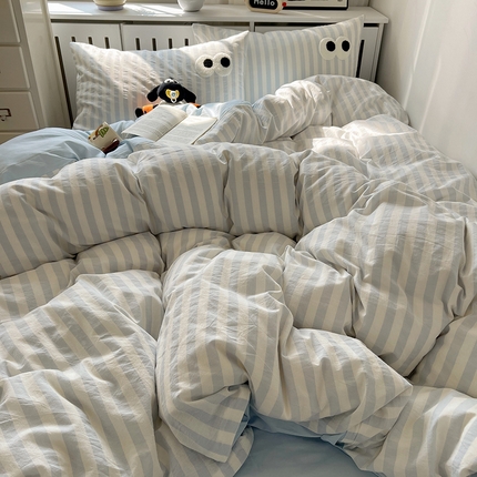 91家纺网 家纺一手货源 找家纺 （总）桃子 2024新款ins大眼睛毛巾绣韩系奶油无印纯棉色织水洗棉少女宽宽条系列四件套