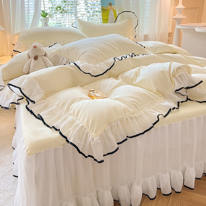 91家纺网 家纺一手货源 找家纺 唐人居 2025新款水洗棉麻亲肤蕾丝花边四件套 小确幸-奶白