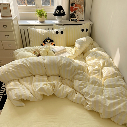 桃子 2024新款ins大眼睛毛巾绣韩系奶油无印纯棉色织水洗棉少女宽宽条系列四件套 水洗棉-宽宽条黄