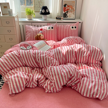 桃子 2024新款ins大眼睛毛巾绣韩系奶油无印纯棉色织水洗棉少女宽宽条系列四件套 水洗棉-宽宽条酒红