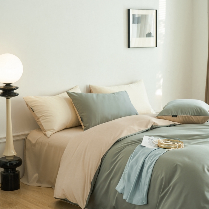 91家纺网 家纺一手货源 找家纺 安莱生活 2024新款100s长绒棉贡缎双拼四件套 水绿-棕灰