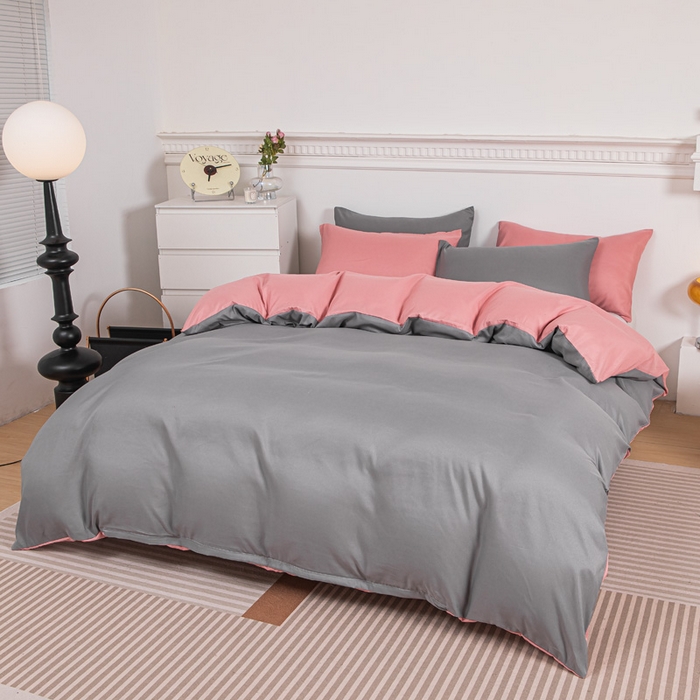 91家纺网 家纺一手货源 找家纺 莎臣豹 2025新款水洗棉磨毛纯色双拼简约风撞色四件套 浅灰爱上甜豆沙