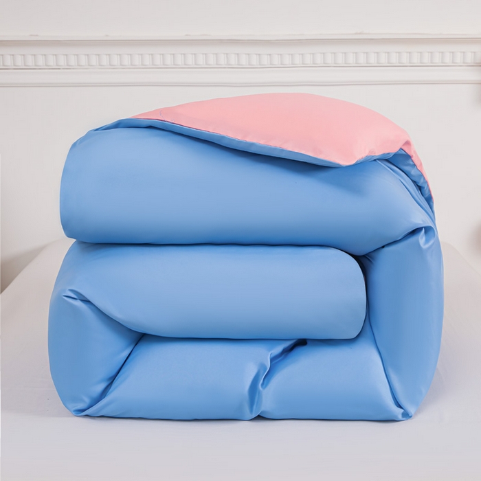 91家纺网 家纺一手货源 找家纺 莎臣豹 2025新款水洗棉磨毛纯色双拼简约风撞色四件套 天空蓝爱上公主粉