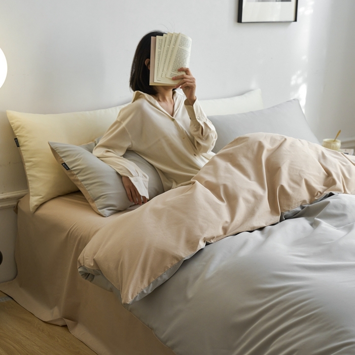 91家纺网 家纺一手货源 找家纺 安莱生活 2024新款100s长绒棉贡缎双拼四件套 高级灰-棕灰