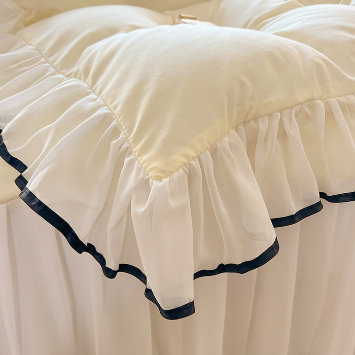 91家纺网 家纺一手货源 找家纺 唐人居 2025新款水洗棉麻亲肤蕾丝花边四件套 小确幸-奶白