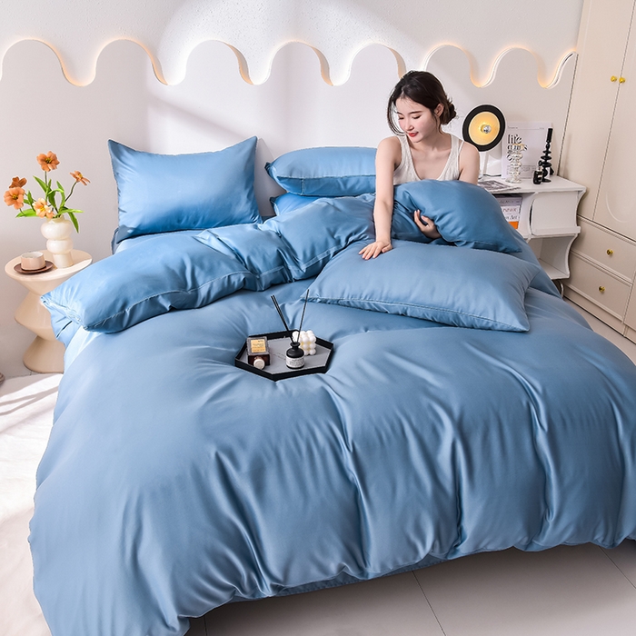 91家纺网 家纺一手货源 找家纺 简爱家纺 2025新款水洗真丝四件套 冰蓝