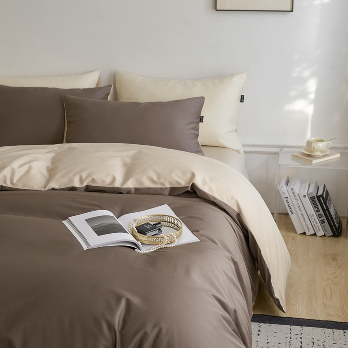 91家纺网 家纺一手货源 找家纺 安莱生活 2024新款100s长绒棉贡缎双拼四件套 咖啡-棕灰