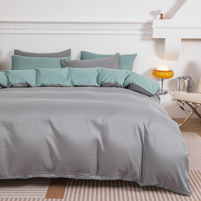 91家纺网 家纺一手货源 找家纺 莎臣豹 2025新款水洗棉磨毛纯色双拼简约风撞色四件套 浅灰爱上豆绿