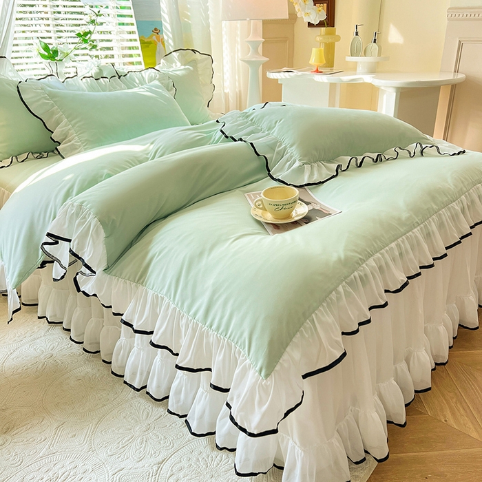 91家纺网 家纺一手货源 找家纺 唐人居 2025新款水洗棉麻亲肤蕾丝花边四件套 小确幸-水绿