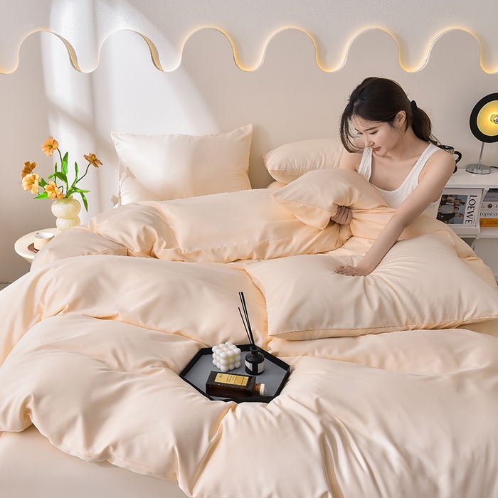 91家纺网 家纺一手货源 找家纺 简爱家纺 2025新款水洗真丝四件套 暖杏色